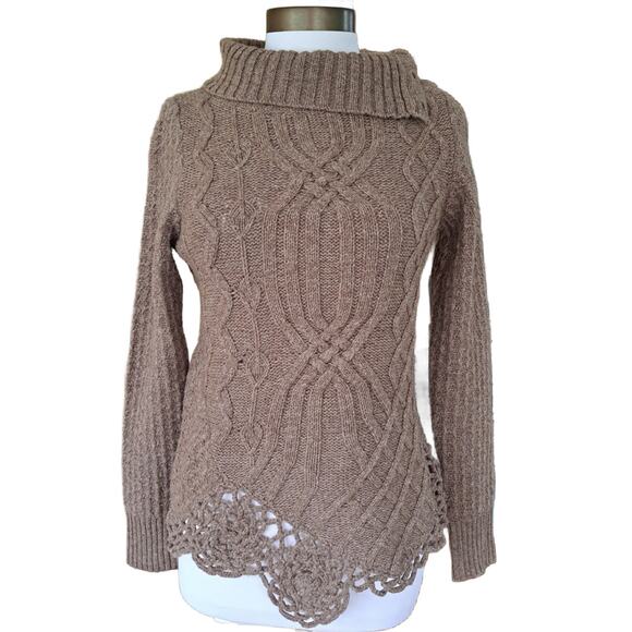 Anthropologie Moth Brown Turtleneck Cowl Wool Sweater Small Crochet Boho - Picture 1 of 11